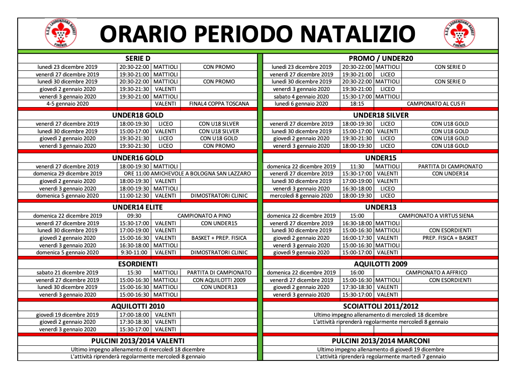 ORARI FESTIVITA' NATALIZIE