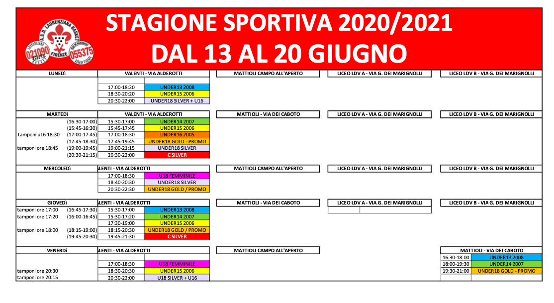 orario allenamenti 13 20 giugno totale 