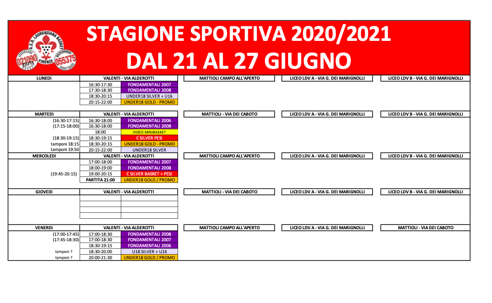 orario allenamenti 21 27giugno 