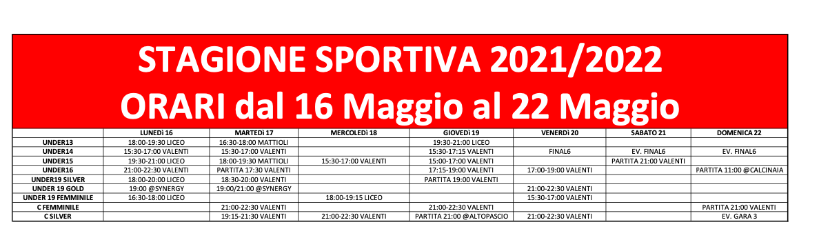ORARI DAL 16 AL 22 MAGGIO