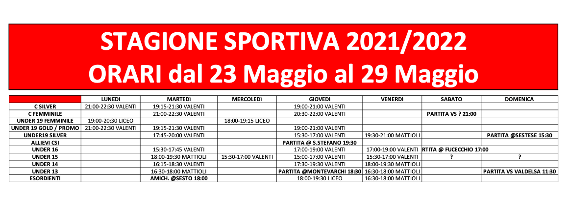 Orari 23 MAGGIO 29 MAGGIO