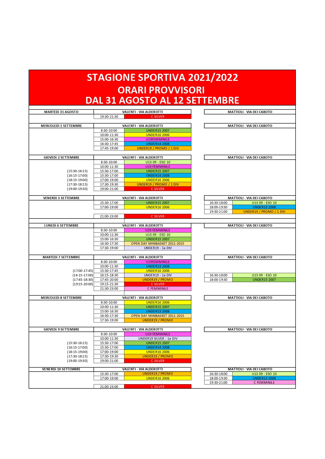 ORARI PROVVISSORI 31 AGOSTO   12 SETTEMBRE